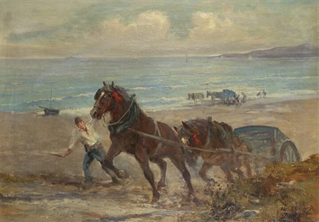 LEONARDO RODA<BR>Racconigi (CN) 1868 - 1933<BR>"Cavalli sulla spiaggia"