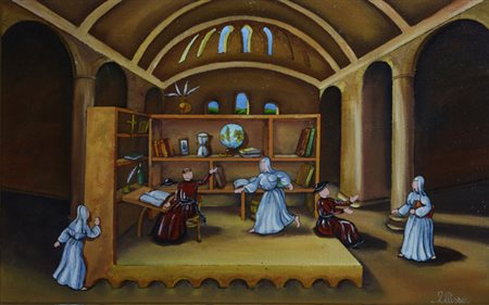 Ulisse IN LIBRERIA, 1998 Olio su tavola, cm. 50x80. Opera firmata in basso a...