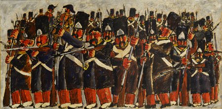 Franz Borghese LA GUARDIA DISPOSTA IN QUADRATO Olio su faesite, cm. 30x60....