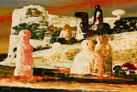 Salvatore Fiume ISOLA DI STATUE, 1970 Olio su masonite, cm. 35,6x53,5....