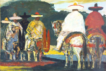 Salvatore Fiume I MESSICANI, Anni ’70 Olio su masonite, cm. 35x52. Autentica...