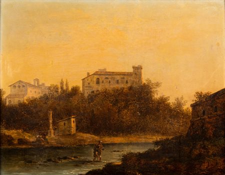 Giovanni Barbieri (Bologna 1780-1864)  - Paesaggio con guado, 1853