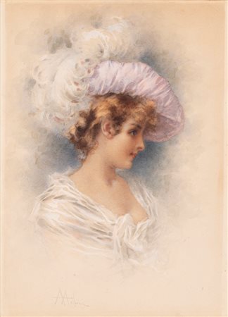 Angelo Achini (Milano 1850-1930)  - Donna con cappello