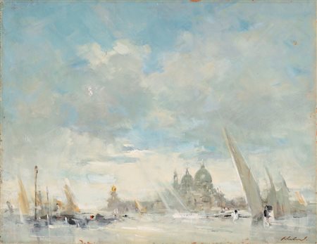 Angiolo Alebardi (Lovere 1883-Bergamo 1969)  - Venezia, bacino di San Marco con la Punta della Dogana