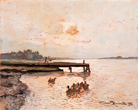 Gino Romiti (Livorno 1881-1967)  - Papere al crepuscolo, 1936