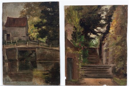 Antonio Mancinelli (Attivo tra XIX e XX secolo)  - San Remo dietro il Casinò; La casa sul fiume, 1898