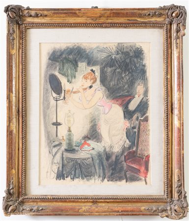 Pittore tra XIX e XX secolo. Prostituta allo specchio in un bordello. 