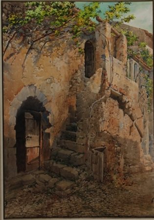 Cesare Formilli Roma 1860 - ? Vecchie case a Piperno, 1920 acquarello cm 45 x...