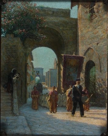 Laurenzio Laurenzi Assisi 1878 – Roma 1946 Processione ad Assisi olio su tela...