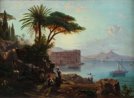 Pittore nord europero del XIX secolo Veduta del golfo di Napoli e Palazzo...
