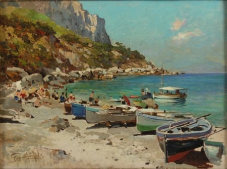 Felice Giordano Napoli 1880 – Capri 1964 Spiaggia a Capri olio su tela cm...