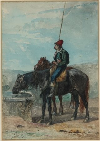 Giuseppe Raggio Chiavari 1823 – Roma 1916 L'abbeverata acquarello cm 45 x 31...