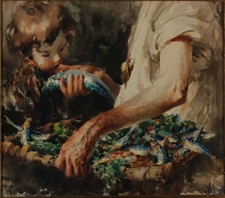 Vincenzo Irolli Napoli 1860 – 1949 Vendita del pesce acquarello su carta cm...