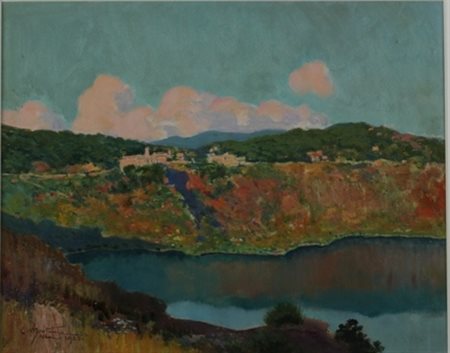 Carlo Montani Saluzzo 1868 – Roma 1936 Lago di Nemi olio su cartone cm 34 x...