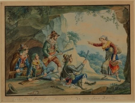 S. Buseettil Una donna avvisa i Briganti acquerello cm 17 x 24 firmato e...