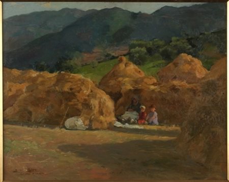 Alberto Carosi Roma 1891 – 1967 Pagliaio e bambini olio su tavola cm 40 x 50...