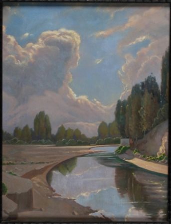 Raniero Aureli Roma 1885 – 1975 Paesaggio fluviale olio su tavola cm 40 x 30...