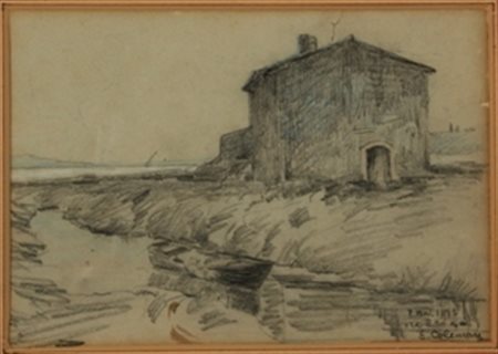 Enrico Coleman Roma 1846 – 1911 Casolare lungo il fiume matita cm 13 x 19...
