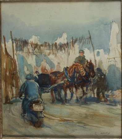 Giuseppe Carosi Roma 1883 – 1965 Motociclisti al fronte acquarello cm 41 x 36...