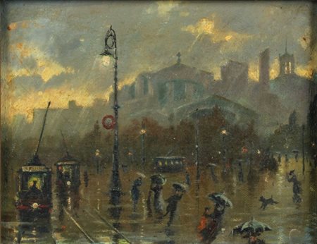 MARIO TOSATTO Piacenza 1885 - 1913 Scorcio di città con filobus, 1910 ca....