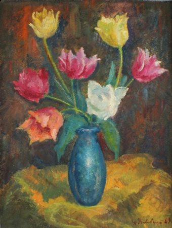 LIONELLO BALESTRIERI Cetona 1872 - 1958 Vaso di fiori, 1949 Olio su cartone...