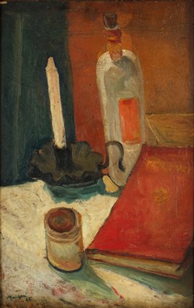 CONCETTO MAUGERI Catania 1919 - Roma 1951 Composizione con libro, bottiglia e...