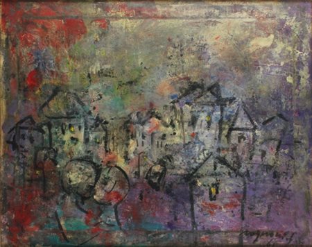 FRANCO ROGNONI Milano 1913 - 1999 Paesaggio con figure, 1961 Olio su tela cm....