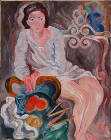 CARLO LEVI Torino 1902- Roma 1975 Figura di donna con sigaretta in poltrona,...