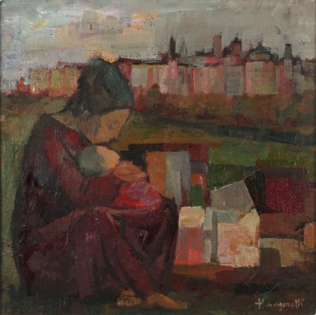 TRENTO LONGARETTI Treviglio 1916 Madre con bimbo in paesaggio, 1954 Olio su...