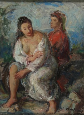 LUIGI BARTOLINI Cupramontana 1892 - Roma 1963 Uomo e donna in paesaggio Olio...
