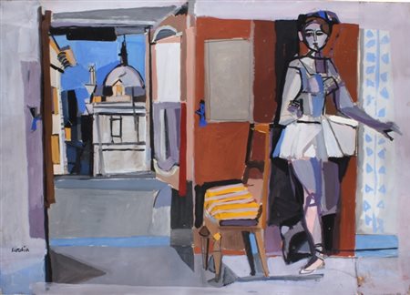 ANTONIO SCORDIA Santa Fè 1918 - Roma 1989 Donna in interno con scorcio di...