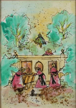 NINO CAFFÈ Alfedena 1909 - 1975 Pretini con scorcio di San Pietro Tecnica...