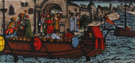 GENNARO PICINNI Bari 1933 Lo sbarco di S. Nicola, 1975 Olio su tavola cm. 81...