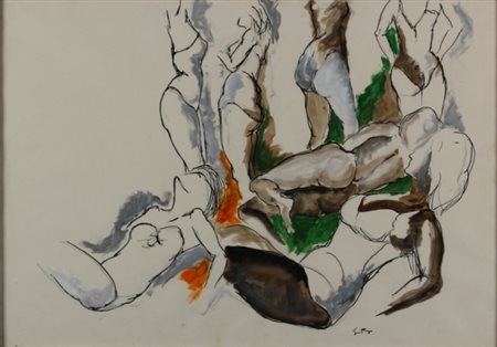 RENATO GUTTUSO Bagheria 1912 - Roma 1987 Nudi in body, 1973 Tempera e china...