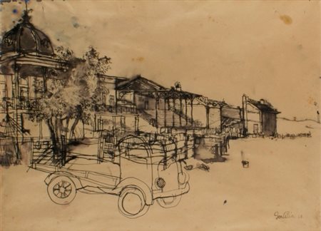 FRANCO GENTILINI Faenza 1909 - Roma 1981 Scorcio di paese con camion, 1948...