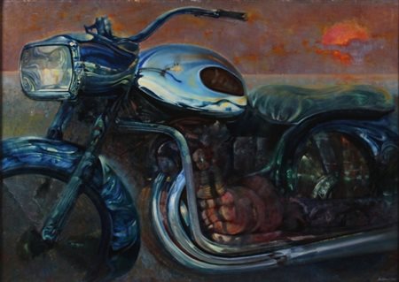 RENZO VESPIGNANI Roma 1924 - 2000 Moto al tramonto, 1979 Olio su cartoncino...