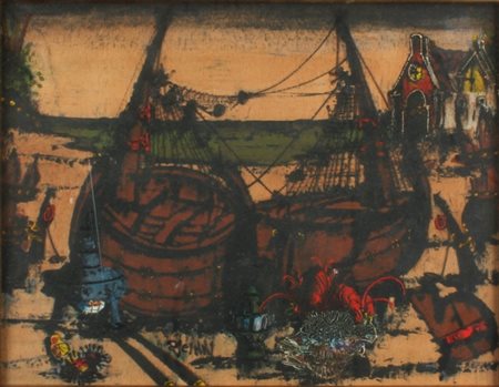 GENNARO PICINNI Bari 1933 Barche in secca Olio su tavoletta, cm. 27 x 35...