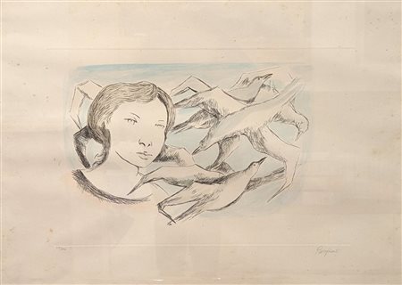 Domenico Purificato (Fondi, 01/11/1915 - Roma, 06/11/1984) 
Fanciulla tra gabbiani 
litografia cm 48,5x69; con cornice cm 56,5x76,5