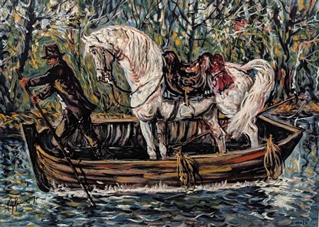 Giovan Francesco Gonzaga (Milano, 1921 - Milano, 2007) 
Lungo il fiume 
serigrafia su tela cm 50x70