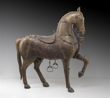 LOT WITHDRAWN (LOTTO RITIRATO): A highly decorative large wooden horse coated with embossed and engraved copper sheet