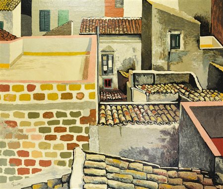 Renato Guttuso TETTI A BAGHERIA, 1978/79 serigrafia su tela, cm 120x145; es....