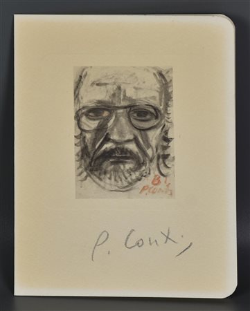 Primo Conti AUTORITRATTO fotolitografia a 3 colori su cartoncino, cm 14x10,5;...