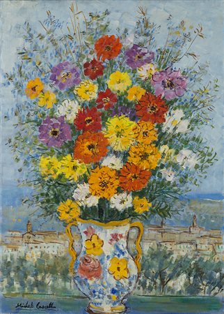 Michele Cascella , Ortona 1892 , Milano 1989 "Fiori e paesaggio" olio su...
