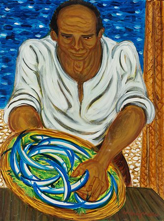 Giuseppe Migneco , Messina 1908 , Milano 1997 "Pescatore" 1986 olio su tela,...