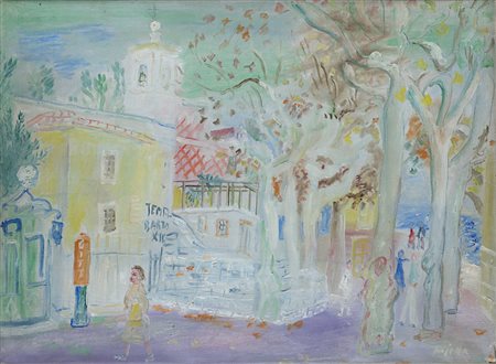 Guido Pajetta , Monza 1898 , Milano 1987 "Il campanile tra le case" 1945 olio...