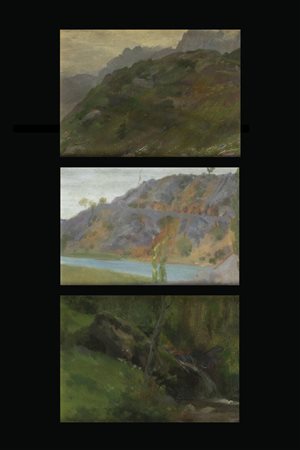 ORESTE PIZIO<BR>Torino 1879 - 1938<BR>Lotto di tre quadretti:<BR>"Monti"<BR>"Paesaggio"<BR>"Cascata"