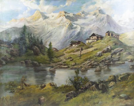 MARIO VIOLINI<BR>"Paesaggio montano con torrente e baite"