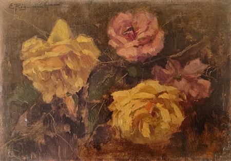 RIGAMONTI ERNESTO Milano (Mi) 1864 Rose Olio su tavoletta 20,00x27,00 Firmato...