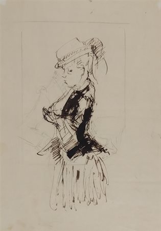 ANONIMO Anonimo (An) Donna con cappello China su carta 35,00x25,00...