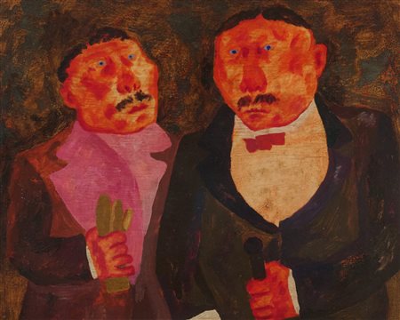 Franz Borghese (Roma, 1941 - Roma, 2005) Due personaggi Anni '70 Olio su tela...